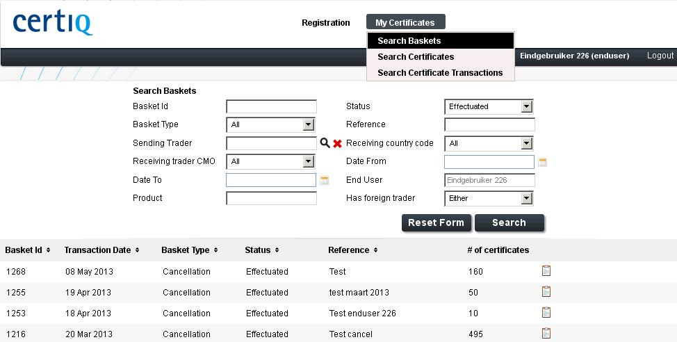 5 MY CERTIFICATES (MIJN CERTIFICATEN) Onder het menu My Certificates kunt u zien welke en hoeveel certificaten door de handelaar ten behoeve van uw account zijn afgeboekt. 5.