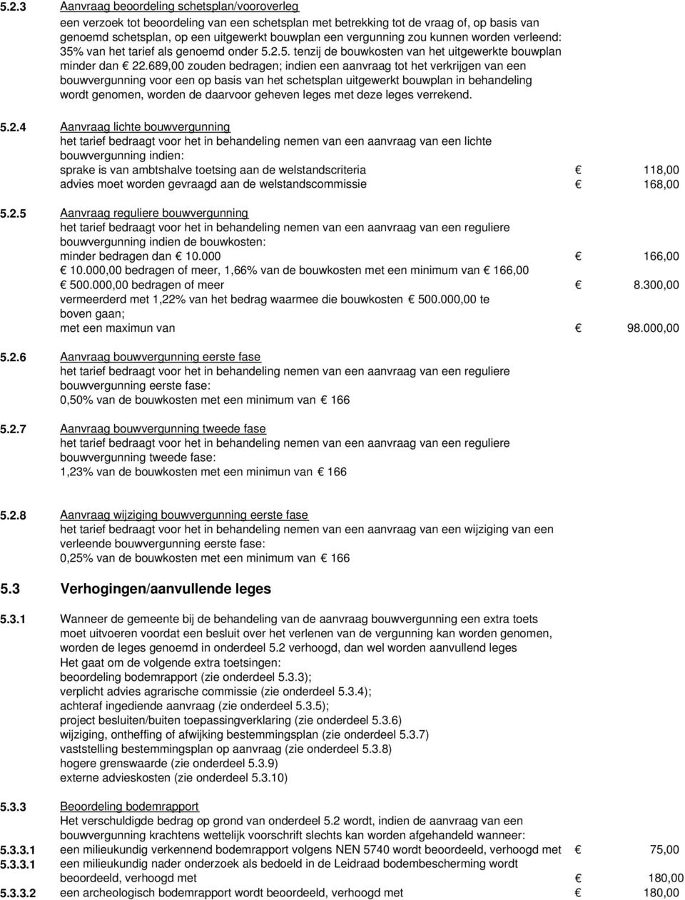 689,00 zouden bedragen; indien een aanvraag tot het verkrijgen van een bouwvergunning voor een op basis van het schetsplan uitgewerkt bouwplan in behandeling wordt genomen, worden de daarvoor geheven