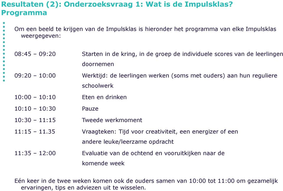 de leerlingen doornemen 09:20 10:00 Werktijd: de leerlingen werken (soms met ouders) aan hun reguliere schoolwerk 10:00 10:10 Eten en drinken 10:10 10:30 Pauze 10:30 11:15 Tweede