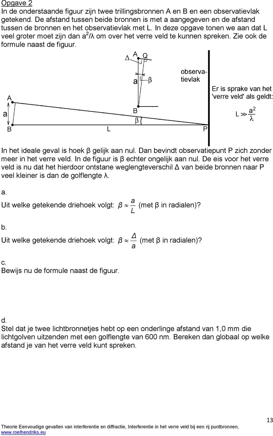 In deze opgave tonen we aan dat L veel groter moet zijn dan a 2 /λ om over het verre veld te kunnen spreken. Zie ook de formule naast de figuur. In het ideale geval is hoek β gelijk aan nul.