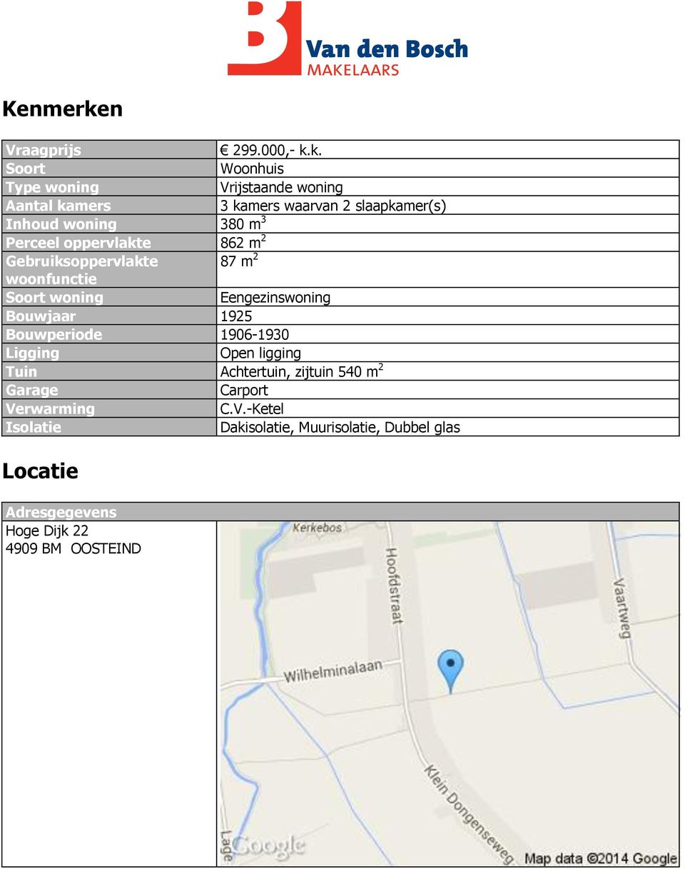 k. Soort Woonhuis Type woning Vrijstaande woning Aantal kamers 3 kamers waarvan 2 slaapkamer(s) Inhoud woning 380 m 3