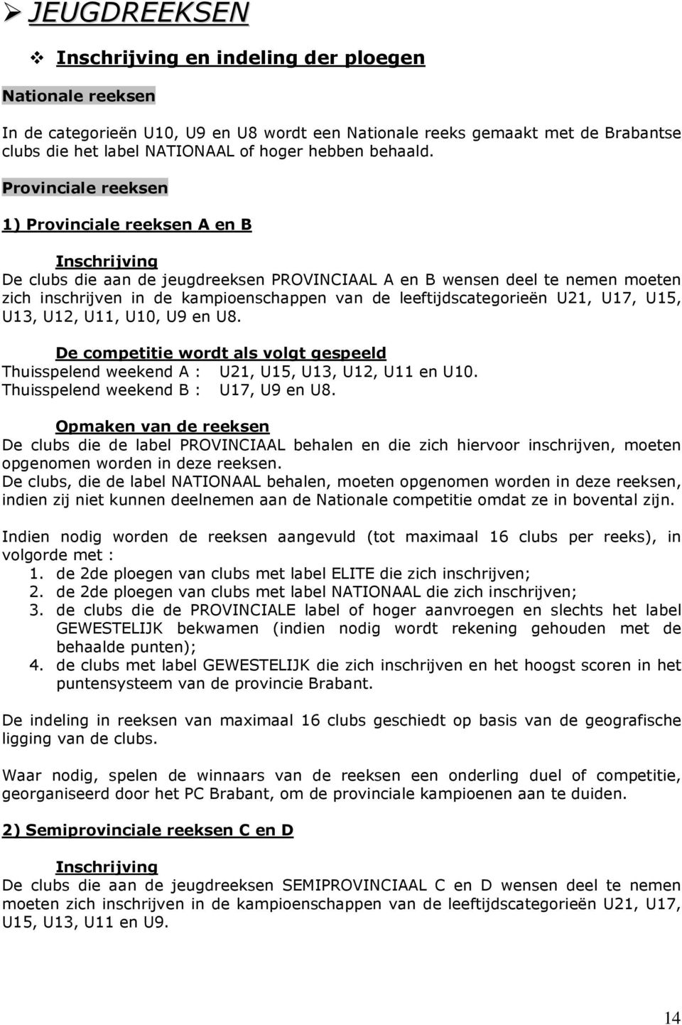 Provinciale reeksen 1) Provinciale reeksen A en B Inschrijving De clubs die aan de jeugdreeksen PROVINCIAAL A en B wensen deel te nemen moeten zich inschrijven in de kampioenschappen van de