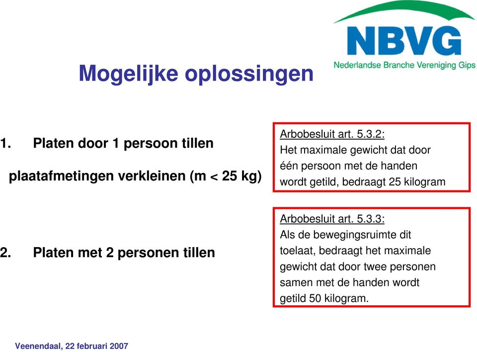 2: Het maximale gewicht dat door één persoon met de handen wordt getild, bedraagt 25 kilogram 2.