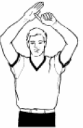 Overhalen / meenemen De scheidsrechter haalt een gestrekt arm langs zijn hoofd. De speler in kwestie heeft tijdens het dribbelen de bal boven zijn heup gebracht, dit is niet geoorloofd.