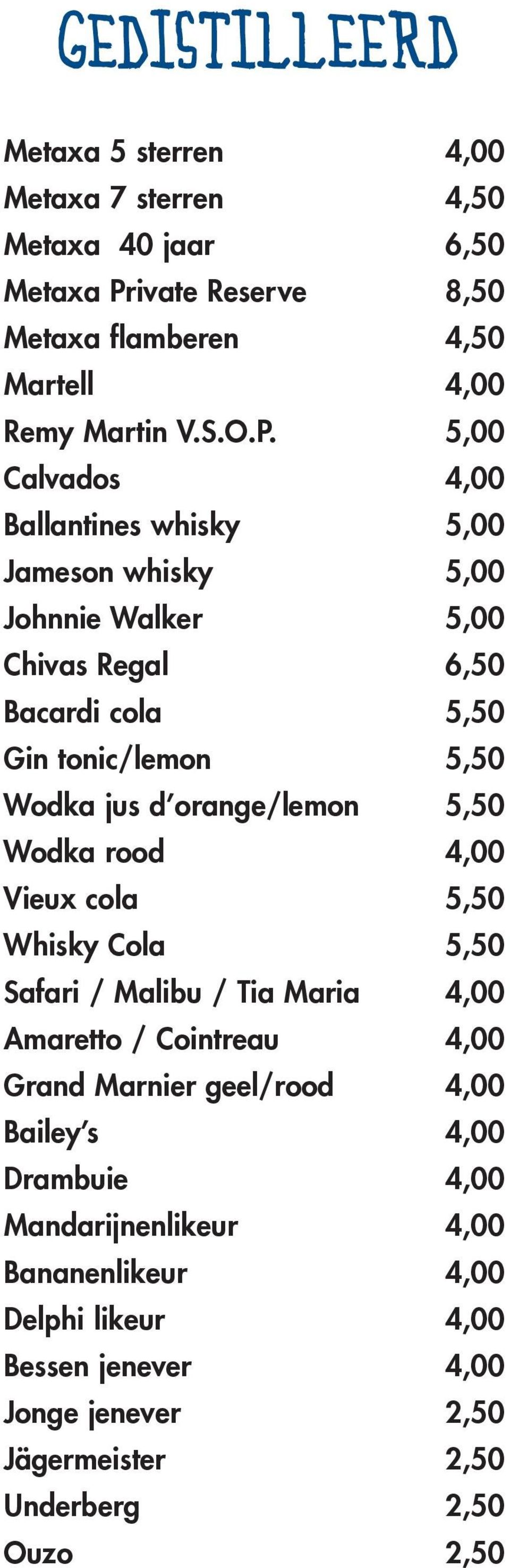 orange/lemon 5,50 Wodka rood 4,00 Vieux cola 5,50 Whisky Cola 5,50 Safari / Malibu / Tia Maria 4,00 Amaretto / Cointreau 4,00 Grand Marnier geel/rood 4,00