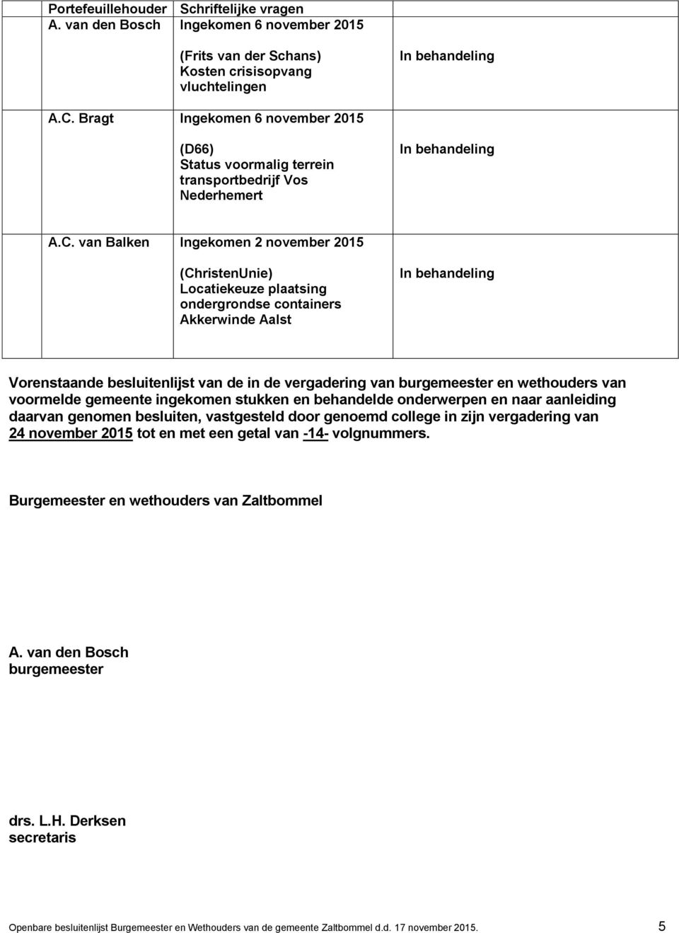 van Balken Ingekomen 2 november 2015 (ChristenUnie) Locatiekeuze plaatsing ondergrondse containers Akkerwinde Aalst Vorenstaande besluitenlijst van de in de vergadering van burgemeester en wethouders