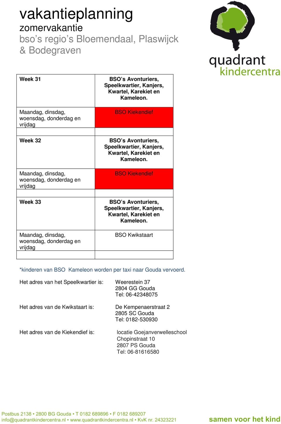 BSO Kiekendief Week 33, dinsdag, woensdag, donderdag en vrijdag BSO s Avonturiers, Speelkwartier, Kanjers, Kwartel, Karekiet en Kameleon.