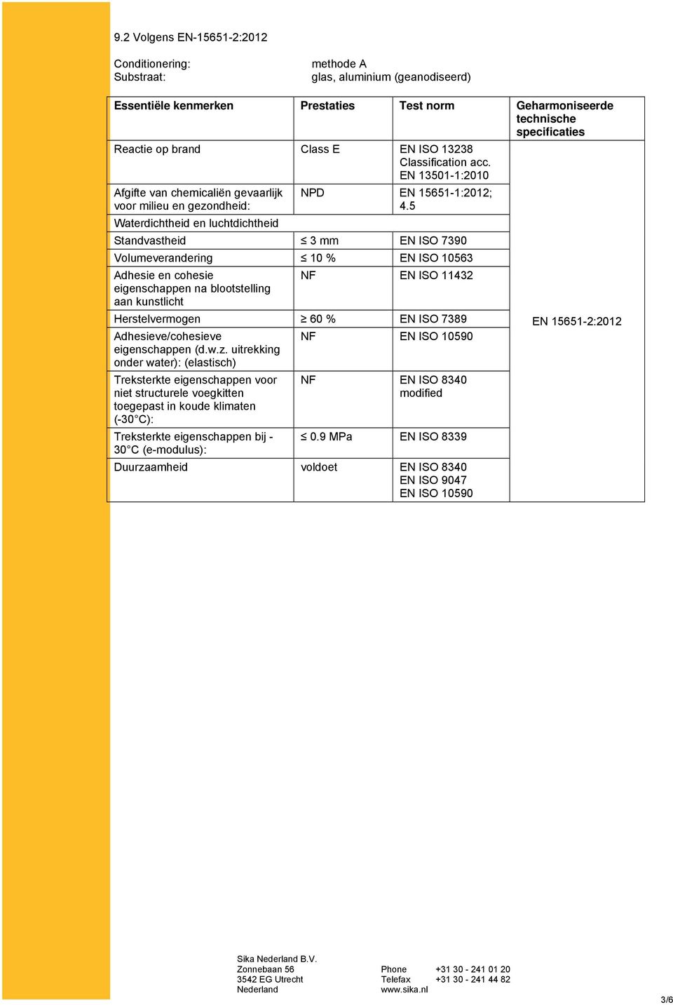 5 Standvastheid 3 mm EN ISO 7390 Volumeverandering 10 % EN ISO 10563 Adhesie en cohesie eigenschappen na blootstelling aan kunstlicht EN ISO 11432 Herstelvermogen 60 % EN ISO 7389 Adhesieve/cohesieve