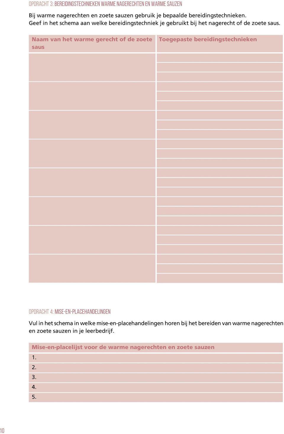 Naam van het warme gerecht of de zoete saus Toegepaste bereidingstechnieken Opdracht 4: Mise-en-placehandelingen Vul in het schema in welke