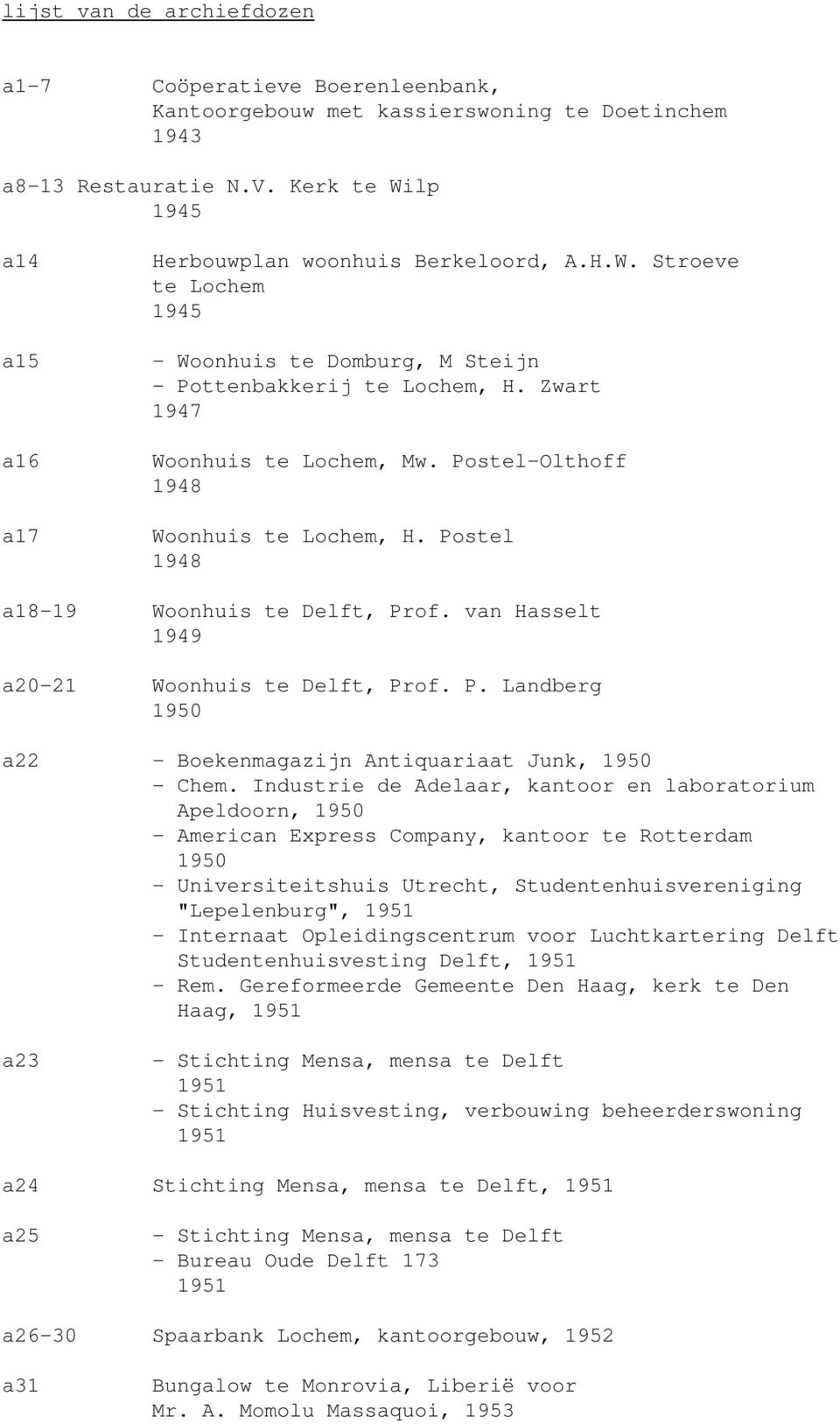 Postel-Olthoff 1948 Woonhuis te Lochem, H. Postel 1948 a18-19 Woonhuis te Delft, Prof. van Hasselt 1949 a20-21 Woonhuis te Delft, Prof. P. Landberg 1950 a22 - Boekenmagazijn Antiquariaat Junk, 1950 - Chem.