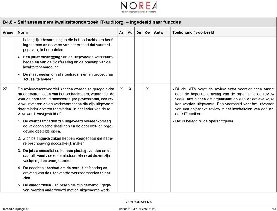 27 De reviewverantwoordelijkheden worden zo geregeld dat meer ervaren leden van het opdrachtteam, waaronder de voor de opdracht verantwoordelijke professional, een review uitvoeren op de