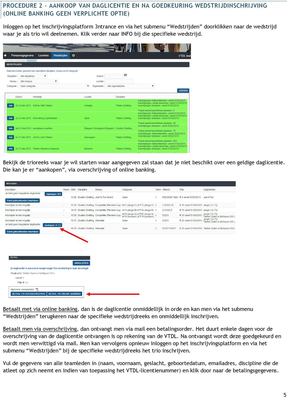 Bekijk de trioreeks waar je wil starten waar aangegeven zal staan dat je niet beschikt over een geldige daglicentie. Die kan je er aankopen, via overschrijving of online banking.