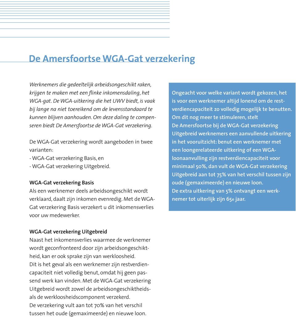 De WGA-Gat verzekering wordt aangeboden in twee varianten: - WGA-Gat verzekering Basis, en - WGA-Gat verzekering Uitgebreid.