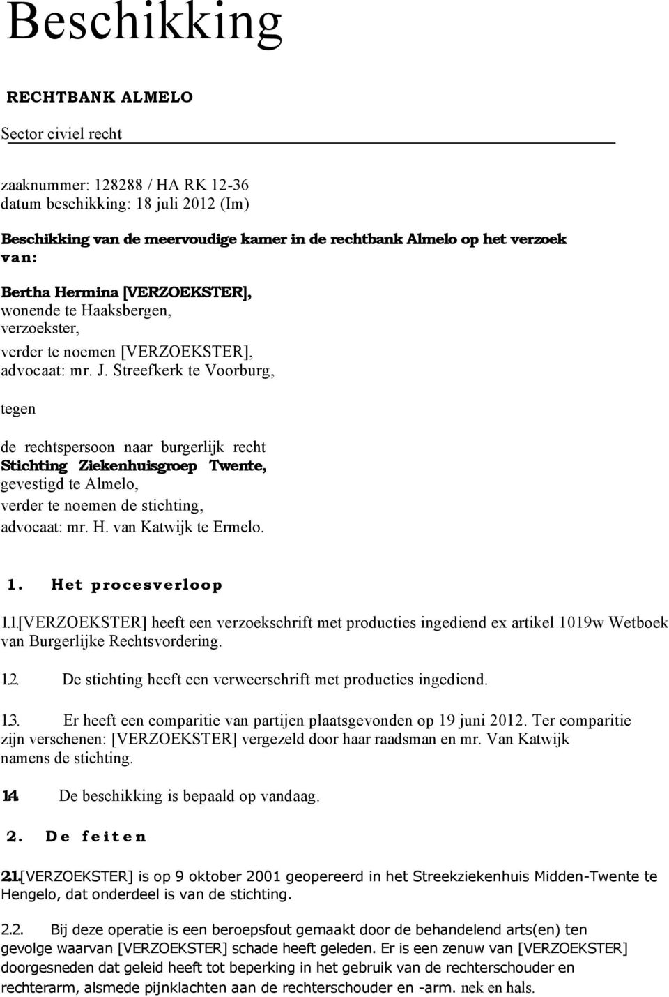 Streefkerk te Voorburg, tegen de rechtspersoon naar burgerlijk recht Stichting Ziekenhuisgroep Twente, gevestigd te Almelo, verder te noemen de stichting, advocaat: mr. H. van Katwijk te Ermelo. 1.