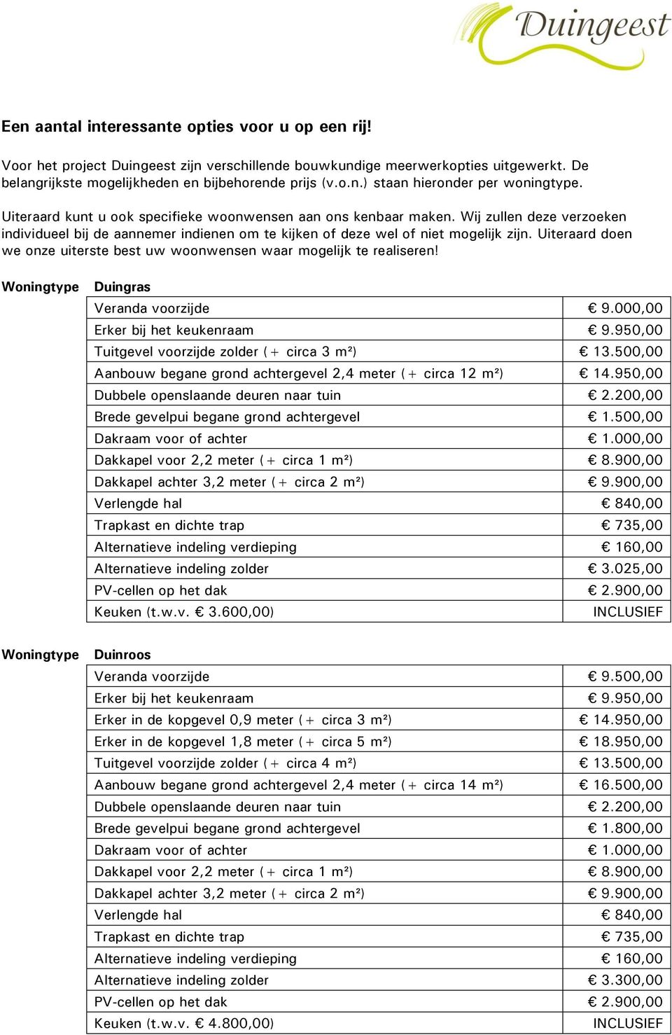 Uiteraard doen we onze uiterste best uw woonwensen waar mogelijk te realiseren! Woningtype Duingras Veranda voorzijde 9.000,00 Tuitgevel voorzijde zolder (+ circa 3 m²) 13.