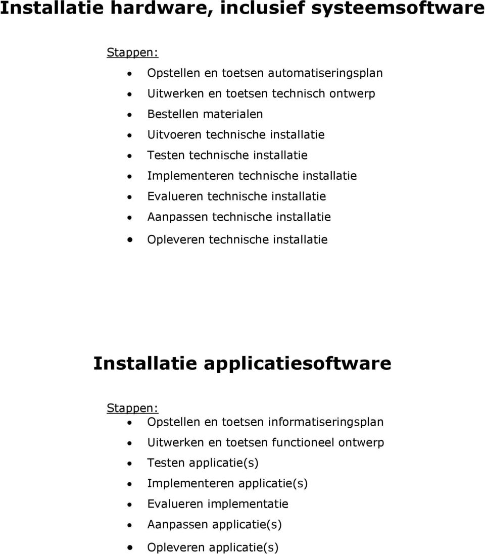 Aanpassen technische installatie Opleveren technische installatie Installatie applicatiesoftware Stappen: Opstellen en toetsen informatiseringsplan