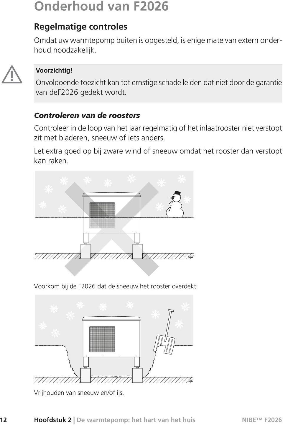 Controleren van de roosters Controleer in de loop van het jaar regelmatig of het inlaatrooster niet verstopt zit met bladeren, sneeuw of iets anders.