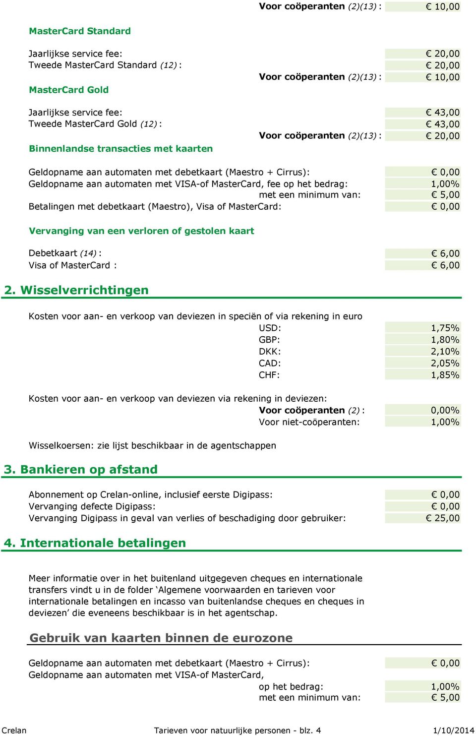 automaten met VISA-of MasterCard, fee op het bedrag: 1,00% met een minimum van: 5,00 Betalingen met debetkaart (Maestro), Visa of MasterCard: 0,00 Vervanging van een verloren of gestolen kaart