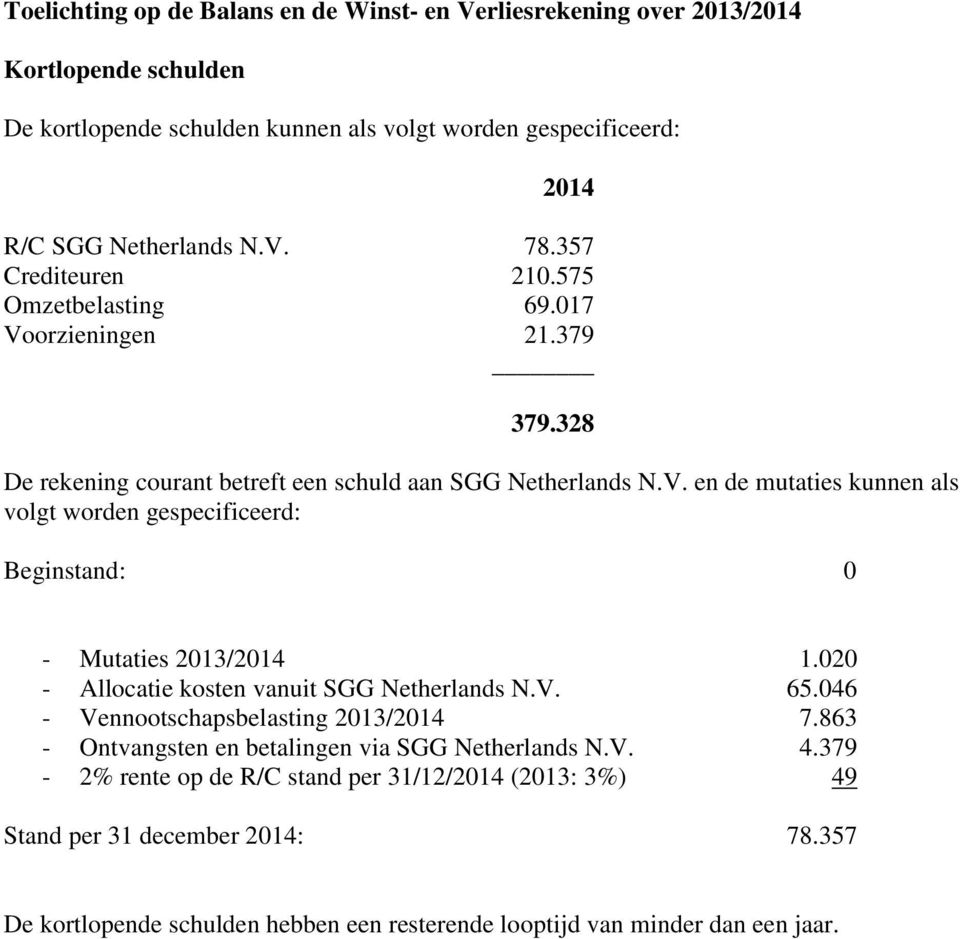 020 - Allocatie kosten vanuit SGG Netherlands N.V. 65.046 - Vennootschapsbelasting 2013/2014 7.863 - Ontvangsten en betalingen via SGG Netherlands N.V. 4.