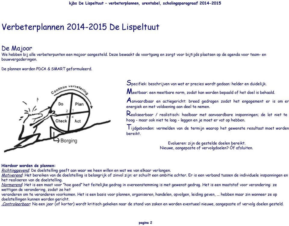 Specifiek: beschrijven van wat er precies wordt gedaan: helder en duidelijk. Meetbaar: een meetbare norm, zodat kan worden bepaald of het doel is behaald.