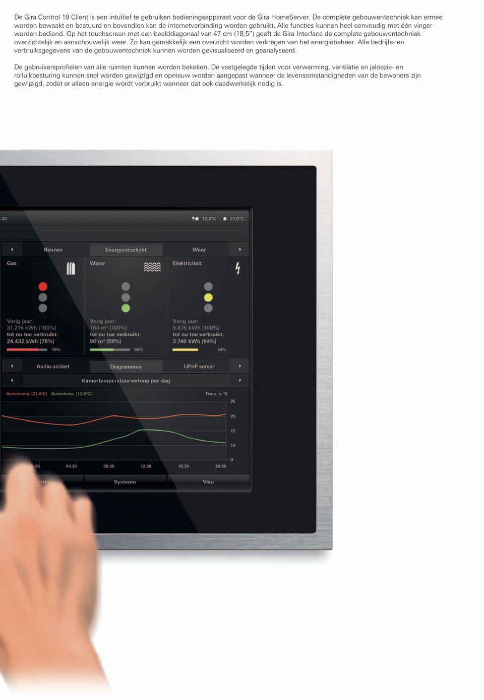 Op het touchscreen met een beelddiagonaal van 47 cm (18,5 ) geeft de Gira Interface de complete gebouwentechniek overzichtelijk en aanschouwelijk weer.