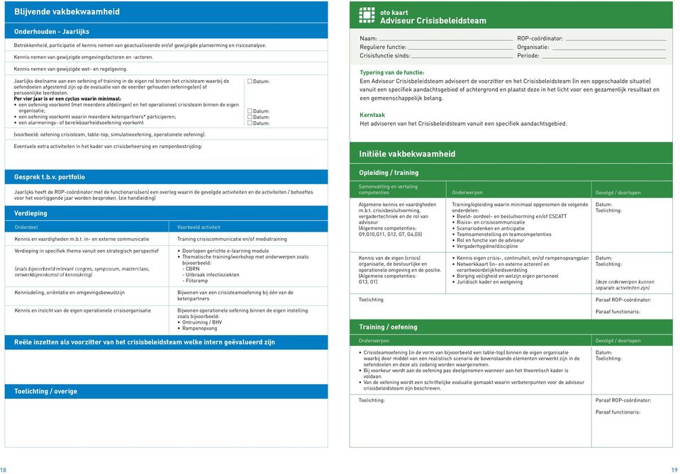 Jaarlijks deelname aan een oefening of training in de eigen rol binnen het crisisteam waarbij de oefendoelen afgestemd zijn op de evaluatie van de eeerder gehouden oefeninge(en) of persoonlijke