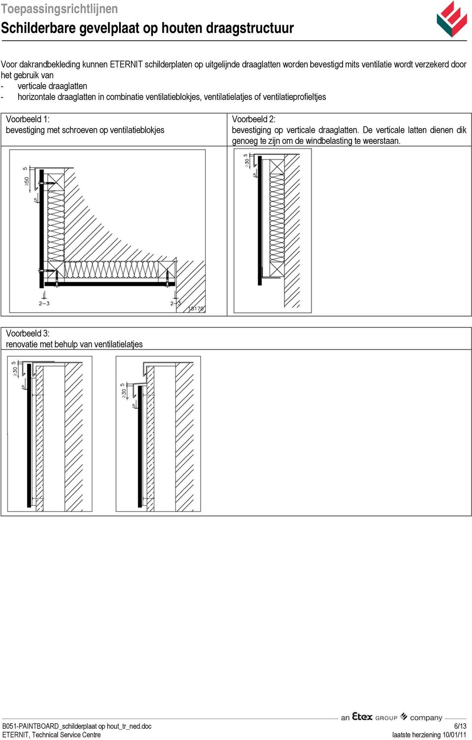 Voorbeeld 1: bevestiging met schroeven op ventilatieblokjes Voorbeeld 2: bevestiging op verticale draaglatten.