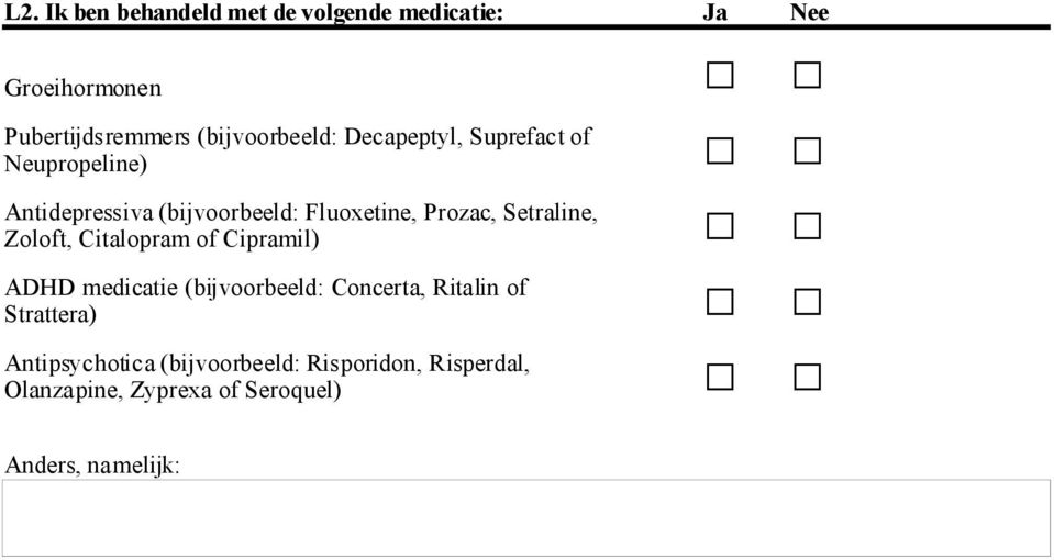 Prozac, Setraline, Zoloft, Citalopram of Cipramil) ADHD medicatie (bijvoorbeeld: Concerta, Ritalin