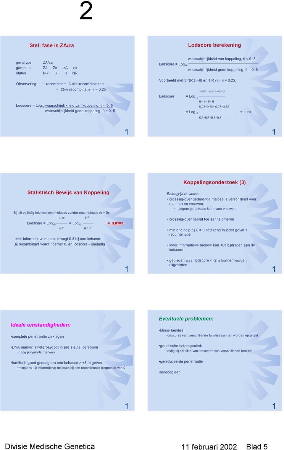 5 Lodscore = Log 0 waarschijnlijkheid geen koppeling, θ = 0. 5 Voorbeeld met 3 NR ( θ) en R (θ); θ = 0.25: Lodscore Lodscore berekening θ θ θ θ = Log 0 θ θ θ θ 0.75 0.75 0.75 0.25 = Log 0 = 0.23 0.