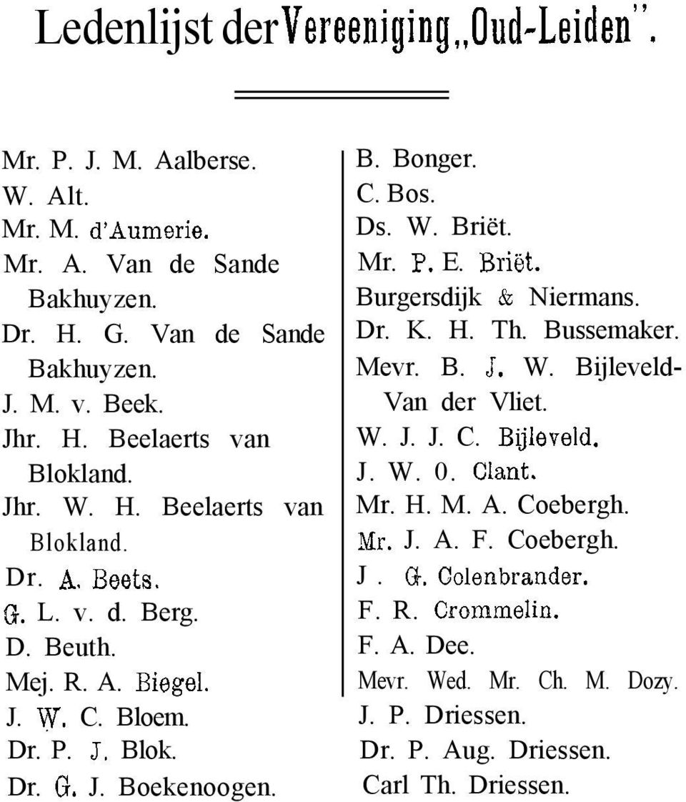 Mr. P. E. Bribt. Burgersdijk & Niermans. Dr. K. H. Th. Bussemaker. Mevr. B. J. W. Bijleveld- Van der Vliet. W. J. J. C. Bijleveld. J. W. 0. Clant. Mr. H. M. A. Coebergh. Xr. J. A. F.