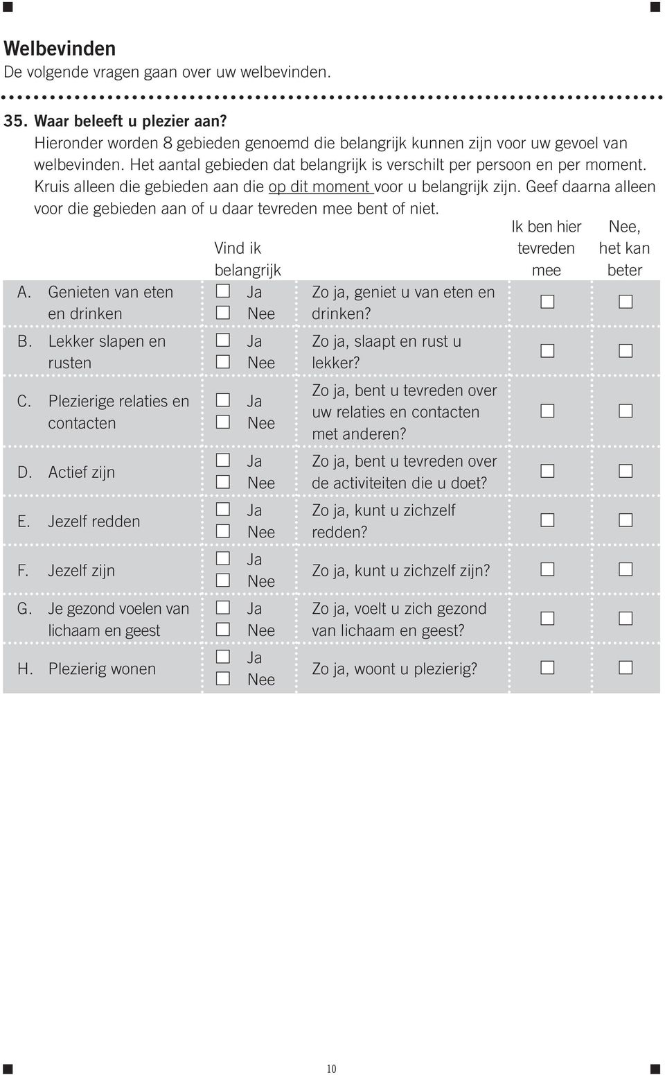 Geef daarna alleen voor die gebieden aan of u daar tevreden mee bent of niet. A. Genieten van eten en drinken B. Lekker slapen en rusten C. Plezierige relaties en contacten D. Actief zijn E.