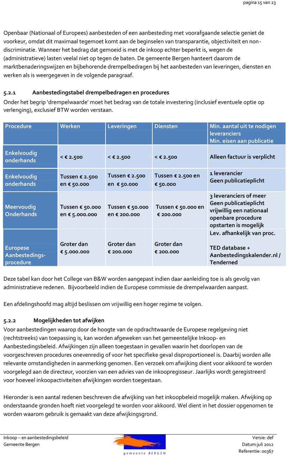 De gemeente Bergen hanteert daarom de marktbenaderingswijzen en bijbehorende drempelbedragen bij het aanbesteden van leveringen, diensten en werken als is weergegeven in de volgende paragraaf. 5.2.