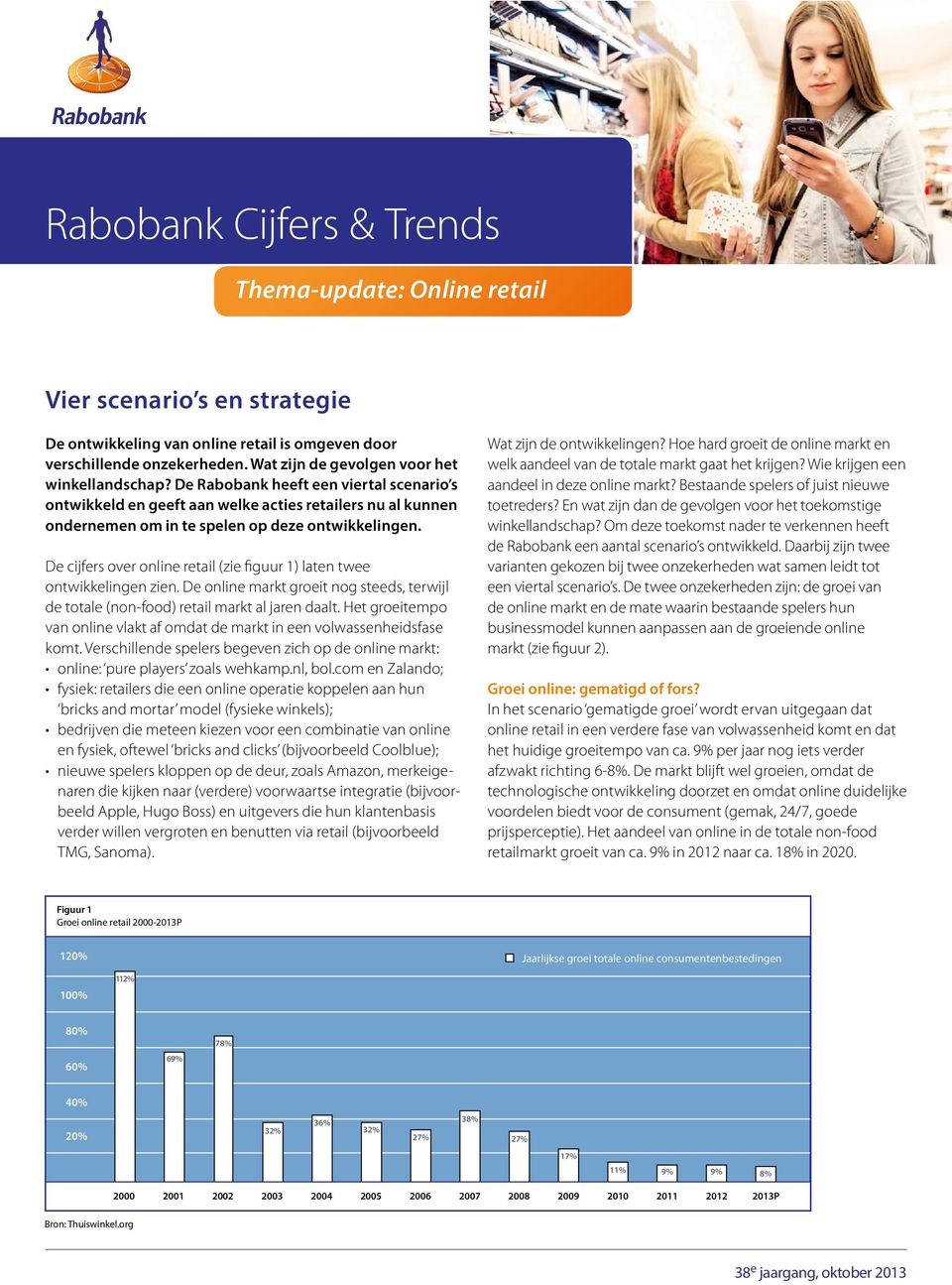 De cijfers over online retail (zie figuur 1) laten twee ontwikkelingen zien. De online markt groeit nog steeds, terwijl de totale (non-food) retail markt al jaren daalt.