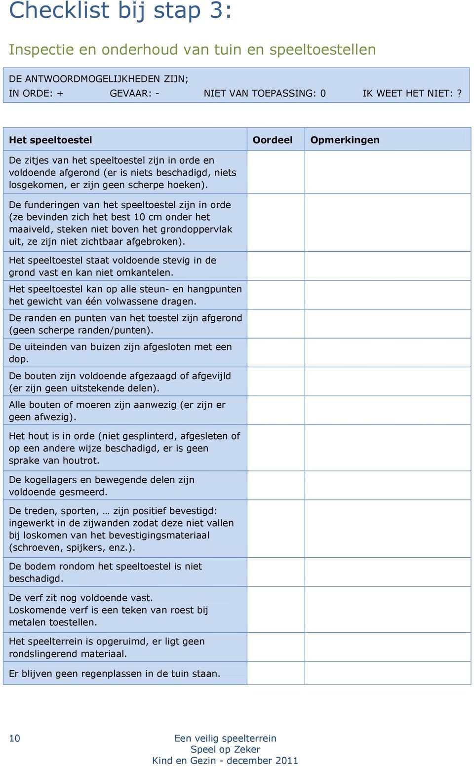 De funderingen van het speeltoestel zijn in orde (ze bevinden zich het best 10 cm onder het maaiveld, steken niet boven het grondoppervlak uit, ze zijn niet zichtbaar afgebroken).