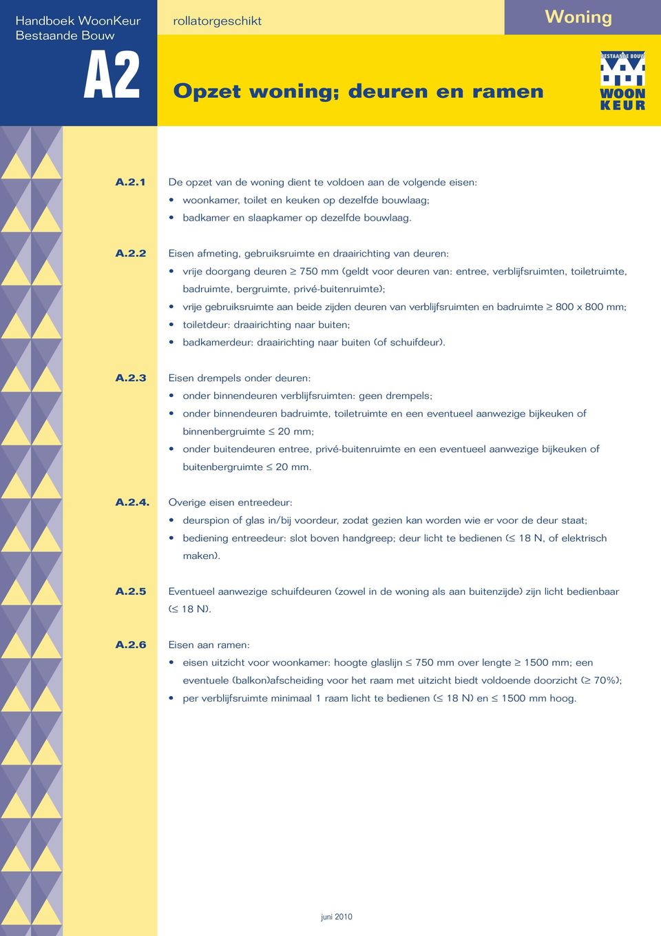 privé-buitenruimte); vrije gebruiksruimte aan beide zijden deuren van verblijfsruimten en badruimte 800 x 800 mm; toiletdeur: draairichting naar buiten; badkamerdeur: draairichting naar buiten (of