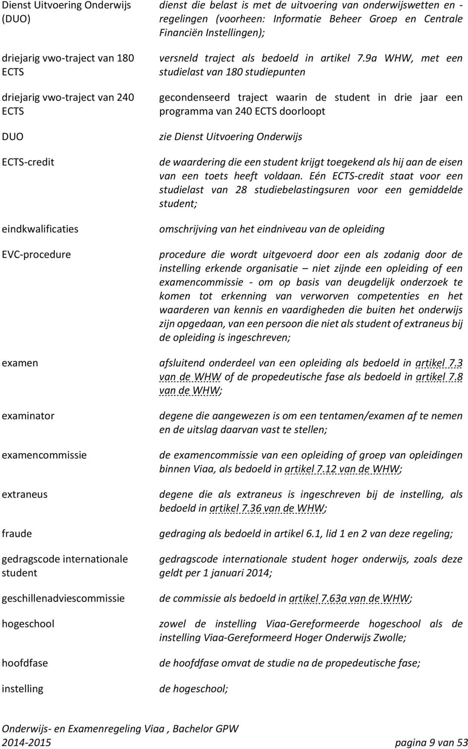 9a WHW, met een studielast van 180 studiepunten gecondenseerd traject waarin de student in drie jaar een programma van 240 ECTS doorloopt zie Dienst Uitvoering Onderwijs de waardering die een student