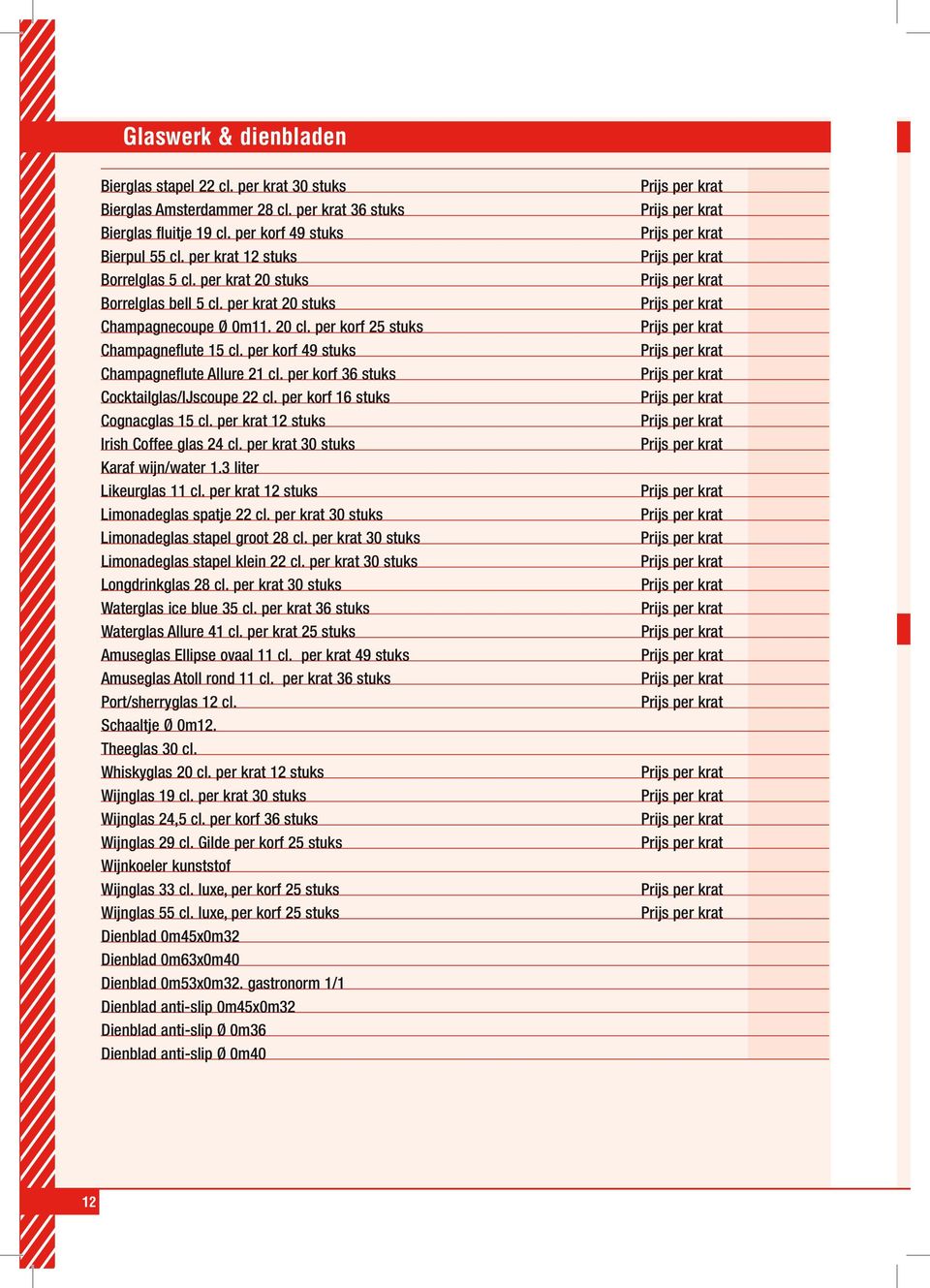 per korf 49 stuks Champagneflute Allure 21 cl. per korf 36 stuks Cocktailglas/IJscoupe 22 cl. per korf 16 stuks Cognacglas 15 cl. per krat 12 stuks Irish Coffee glas 24 cl.
