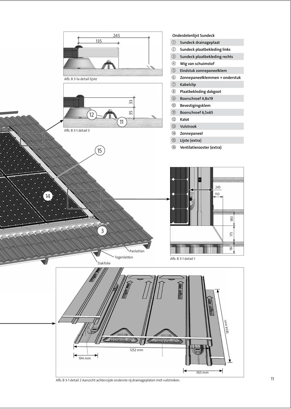 B 3-1 detail 3 12 11 35 33 10 Bevestigingsklem 11 Boorschroef 6,5x65 12 Kalot 13 Vulstrook 14 Zonnepaneel 15 Lijste (extra) 15 14 245 110 180 16