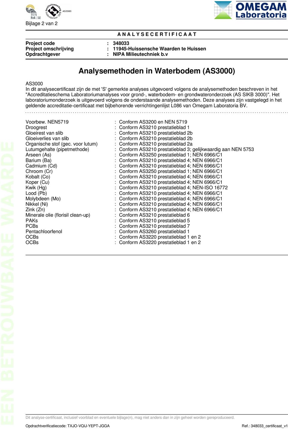 Deze analyses zijn vastgelegd in het geldende accreditatie-certificaat met bijbehorende verrichtingenlijst L086 van Omegam Laboratoria BV. Voorbew.