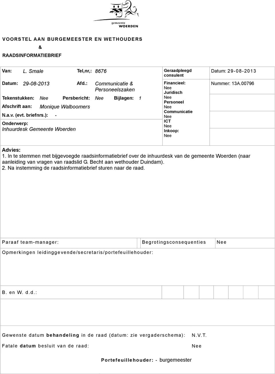 ): Monique Walboomers Onderwerp: Inhuurdesk Gemeente Woerden Financieel: Juridisch Personeel Communicatie ICT Inkoop: Datum: 29082013 Nummer: 13A.00796 Advies: 1.