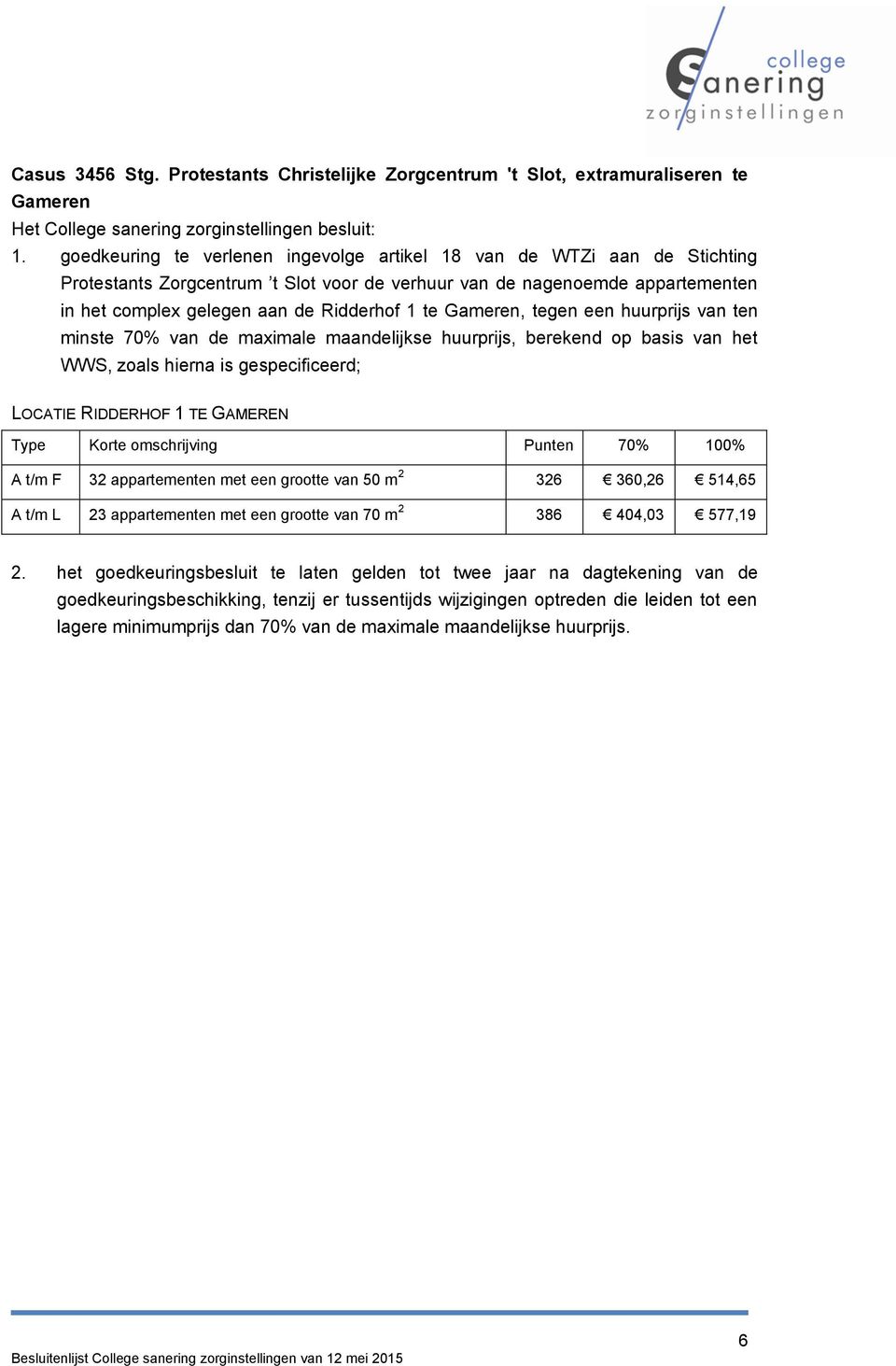 Gameren, tegen een huurprijs van ten minste 70% van de maximale maandelijkse huurprijs, berekend op basis van het WWS, zoals hierna is gespecificeerd; LOCATIE RIDDERHOF 1 TE GAMEREN Type Korte