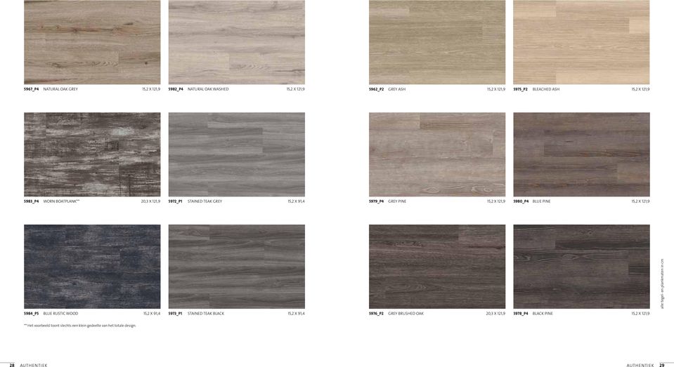 121,9 alle tegel- en plankmaten in cm 5984_P5 BLUe rustic Wood 15,2 X 91,4 5973_P1 StAINed teak BLACk 15,2 X 91,4 5976_P2 grey BrUSHed oak