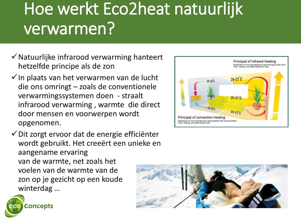 zoals de conventionele verwarmingssystemen doen - straalt infrarood verwarming, warmte die direct door mensen en voorwerpen