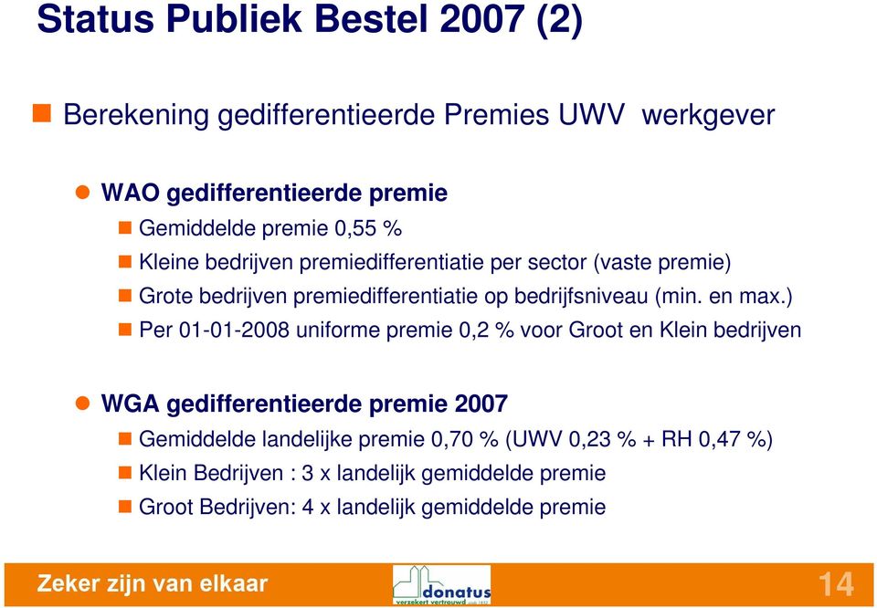 ) Per 01-01-2008 uniforme premie 0,2 % voor Groot en Klein bedrijven WGA gedifferentieerde premie 2007 Gemiddelde landelijke premie