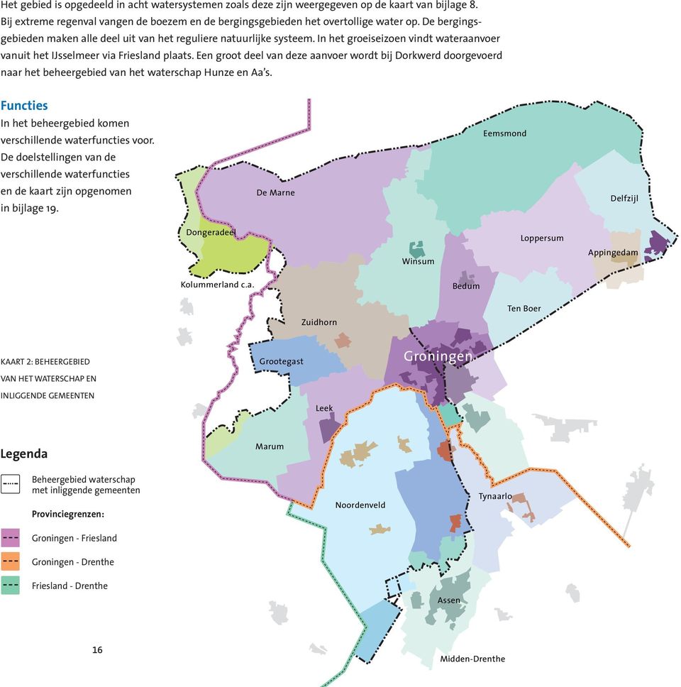 Een groot deel van deze aanvoer wordt bij Dorkwerd doorgevoerd naar het beheergebied van het waterschap Hunze en Aa s. Functies In het beheergebied komen verschillende waterfuncties voor.