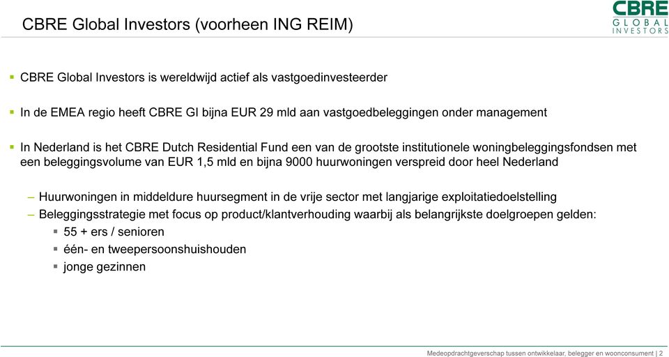huurwoningen verspreid door heel Nederland Huurwoningen in middeldure huursegment in de vrije sector met langjarige exploitatiedoelstelling Beleggingsstrategie met focus op