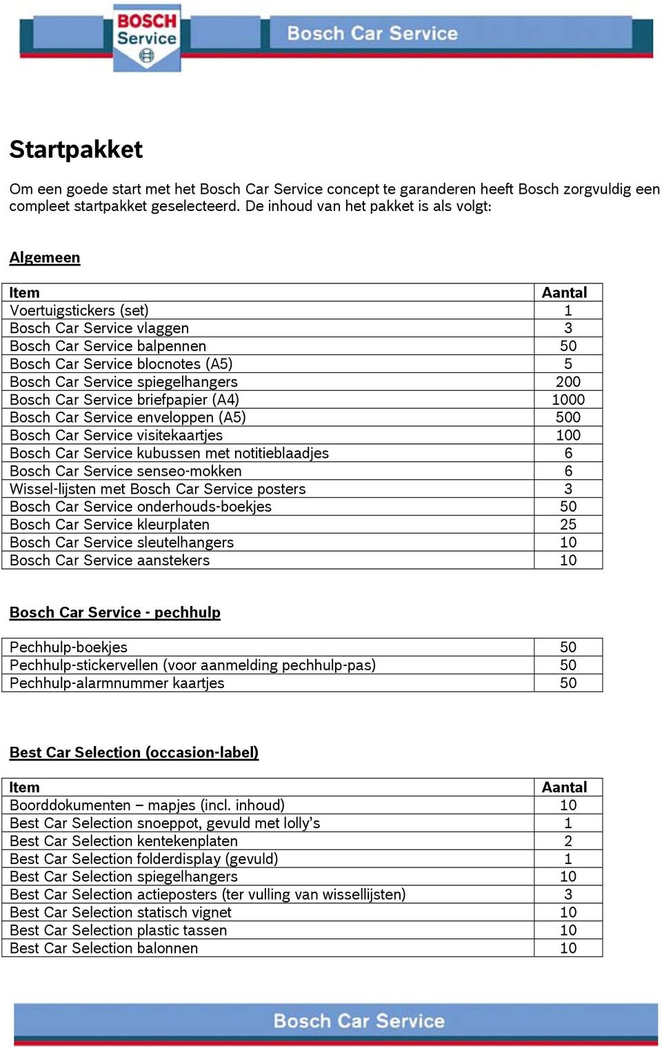 spiegelhangers 200 Bosch Car Service briefpapier (A4) 1000 Bosch Car Service enveloppen (A5) 500 Bosch Car Service visitekaartjes 100 Bosch Car Service kubussen met notitieblaadjes 6 Bosch Car