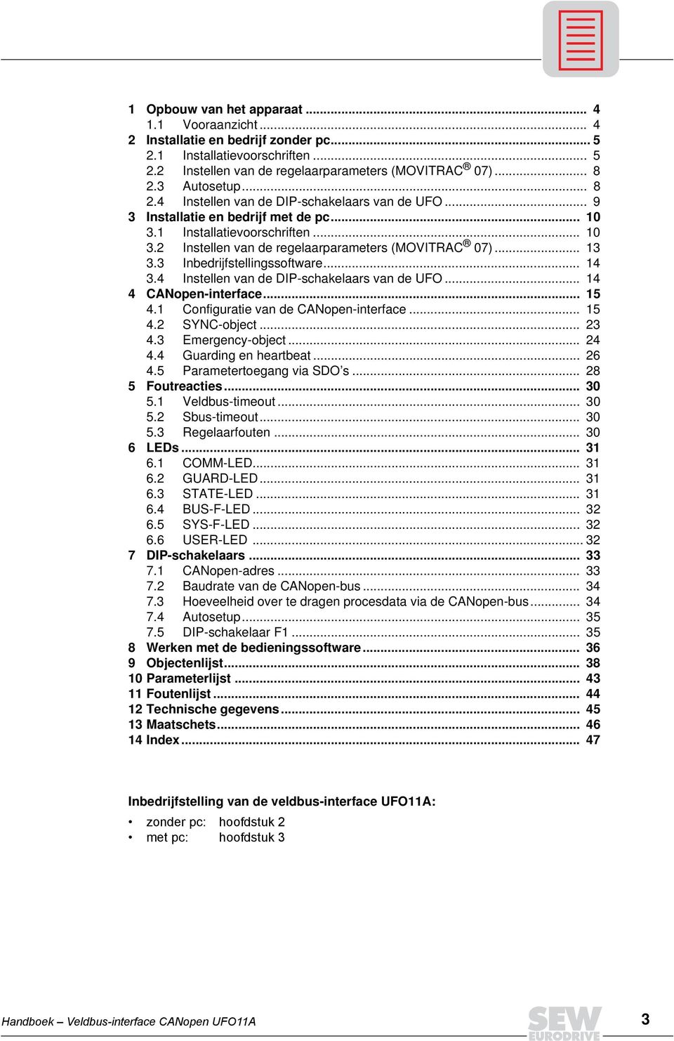 3 Inbedrijfstellingssoftware... 14 3.4 Instellen van de DIP-schakelaars van de UFO... 14 4 CANopen-interface... 15 4.1 Configuratie van de CANopen-interface... 15 4.2 SYNC-object... 23 4.