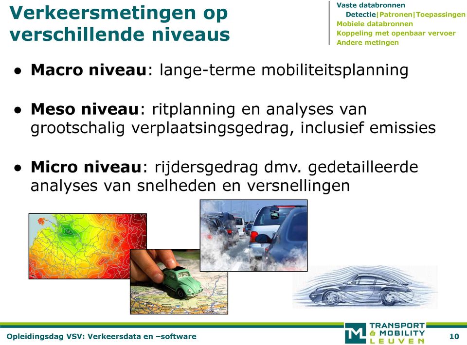 Meso niveau: ritplanning en analyses van grootschalig verplaatsingsgedrag, inclusief emissies Micro niveau: