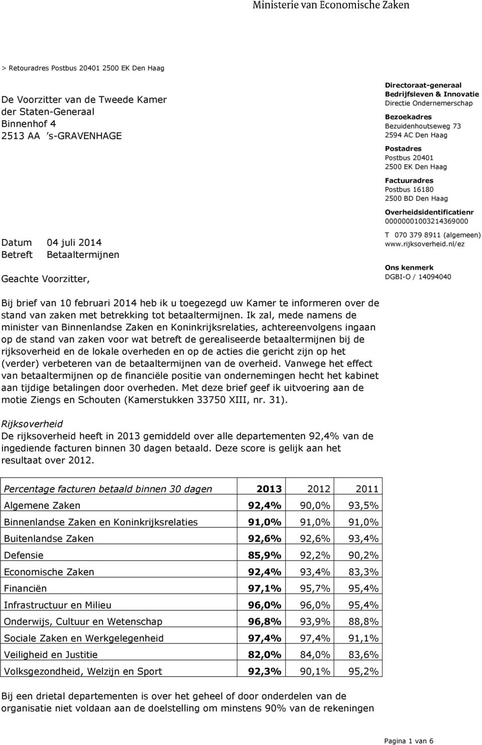 T 070 379 8911 (algemeen) www.rijksoverheid.nl/ez Bij brief van 10 februari 2014 heb ik u toegezegd uw Kamer te informeren over de stand van zaken met betrekking tot betaaltermijnen.